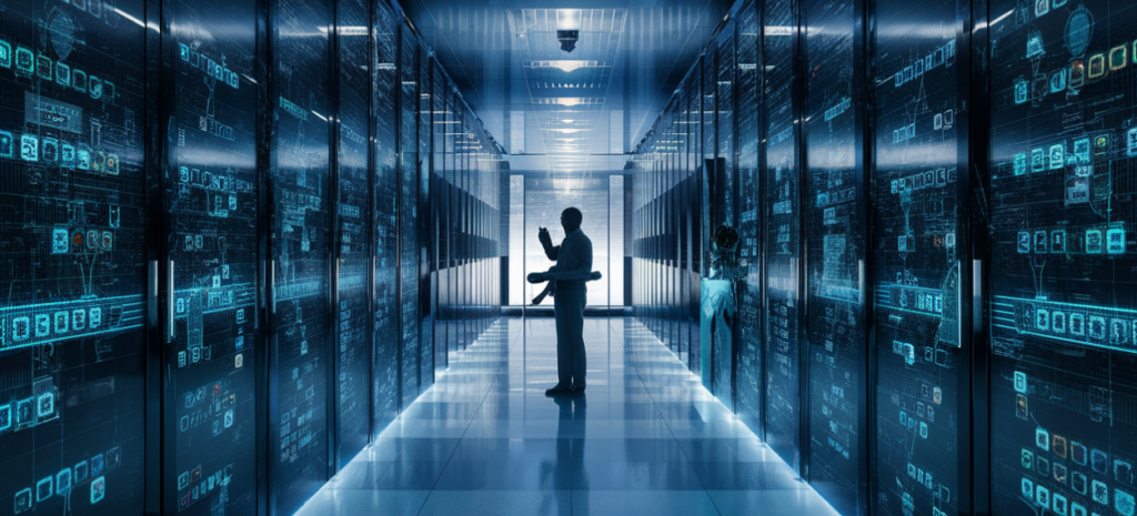 Een persoon staat in een slecht verlichte serverruimte, omringd door rijen verlichte servers, en houdt met de blik van een hacker een tablet in de gaten.