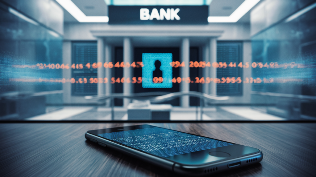 Een smartphone toont dreigend een digitale code, wat wijst op hackactiviteiten voor een torenhoog bankgebouw.