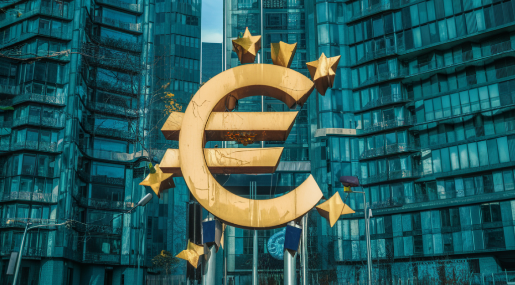 Een groot eurosymbool met sterren schittert tegen een achtergrond van glazen gebouwen en symboliseert financiële hoop in een digitaal tijdperk waarin hacken een alomtegenwoordige dreiging vormt.