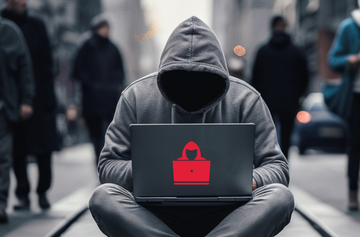 Een persoon in een grijze hoodie zit met gekruiste benen op straat, verdiept in zijn laptop, waarop dreigend een rood hackericoontje staat afgebeeld.