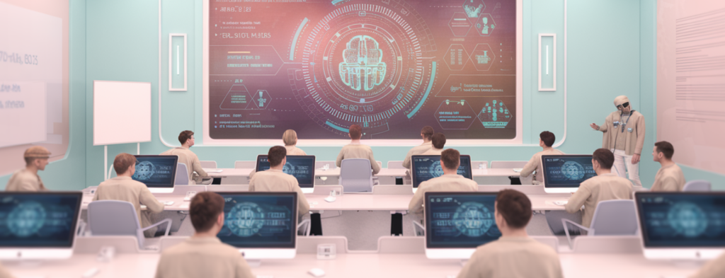 In een klaslokaal concentreert de groep zich intens op digitale schermen waarop complexe gegevens worden weergegeven. Ze leren hoe een SIEM werkt, terwijl een groot futuristisch digitaal bord de voorkant van het lokaal domineert.