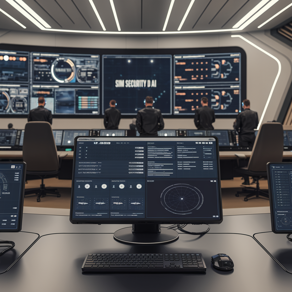 Een commandocentrum met meerdere monitoren die data en graphics weergeven. Mensen in uniform werken op computers, gefocust op een groot centraal scherm met "SIEM Security DAI". Benieuwd wat SIEM is? Deze geavanceerde technologie speelt een cruciale rol bij het monitoren en identificeren van bedreigingen.