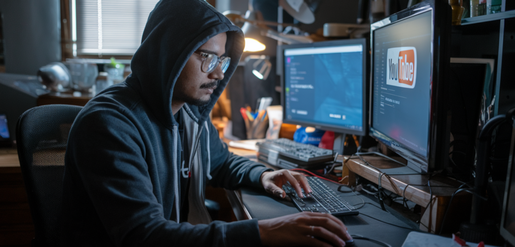 In een slecht verlichte kamer werkt een persoon in een hoodie en een bril aandachtig op zijn computer. Meerdere monitoren tonen regels code naast het kanaal van een populaire YouTuber op YouTube.