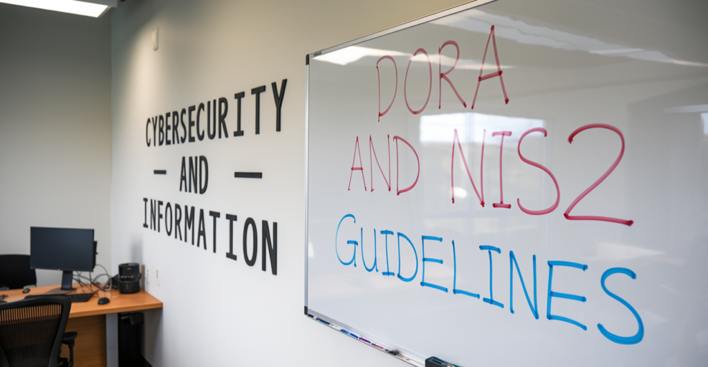 In de kantoorruimte staat een whiteboard met daarop prominent de 'DORA- en NIS2-richtlijnen', naast aantekeningen over 'Cybersecurity en informatie', waarin de laatste stand van zaken op het gebied van de Europese Cybersecurity Wetgeving is opgenomen.