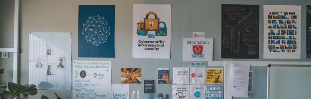 Een wandpresentatie met diverse posters en afbeeldingen belicht cruciale aspecten van cyberbeveiliging en informatiebeveiliging, met verwijzingen naar raamwerken als NIS2 en DORA.