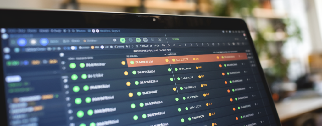 Close-up van een laptopscherm met daarop cybersecuritytools in een gedetailleerd spreadsheet, compleet met verschillende gekleurde indicatoren en gegevenskolommen, tegen de achtergrond van een kantooromgeving.