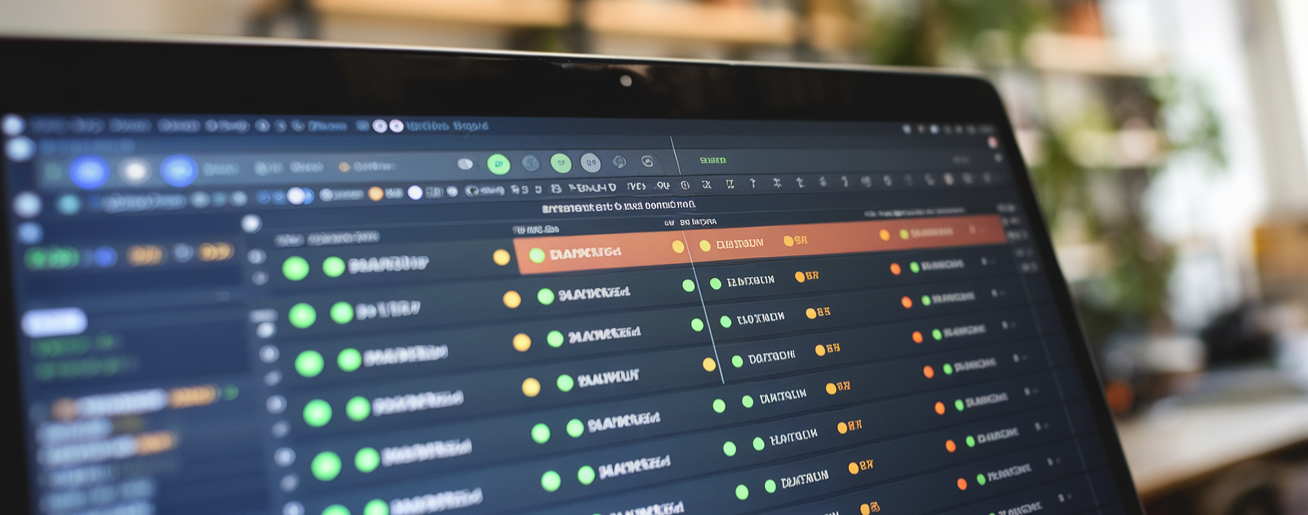 Close-up van een laptopscherm met daarop cybersecuritytools in een gedetailleerd spreadsheet, compleet met verschillende gekleurde indicatoren en gegevenskolommen, tegen de achtergrond van een kantooromgeving.