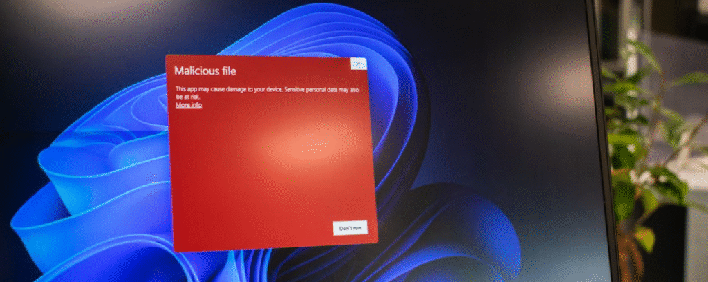 Een computerscherm geeft een rode waarschuwing weer over een kwaadaardig bestand, waarbij gebruikers worden gewaarschuwd voor mogelijke malware die apparaatschade of gegevensverlies kan veroorzaken, met opties om meer informatie te krijgen of het bestand niet uit te voeren.