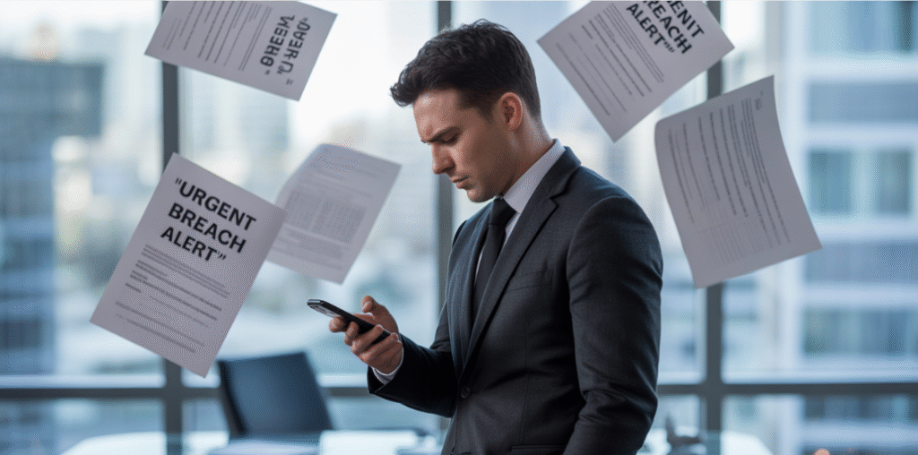 Een man in een zakelijk pak kijkt naar zijn telefoon terwijl papieren met de tekst "urgent breach alert" en andere cyberbeveiligingsdocumenten over soorten cyberaanvallen om hem heen zweven in een kantooromgeving.