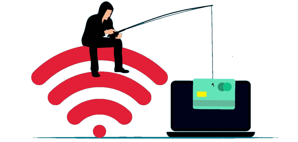 Illustratie van een gemaskerde figuur die met een vishengel een creditcard probeert te ontfutselen, zittend op een wi fi symbool boven een laptop de nadruk op cyberbeveiliging en de verschillende soorten cyberaanvallen.