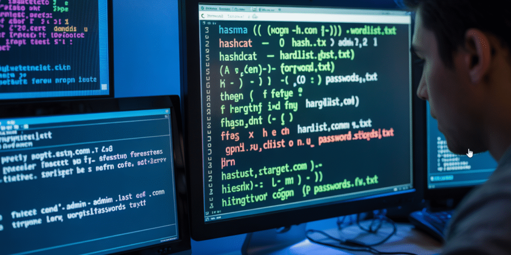 Iemand zit achter een bureau met meerdere monitoren waarop regels code en tekstbestanden worden weergegeven, en gebruikt cyberbeveiligingsprogramma's om wachtwoorden te analyseren en te beheren.