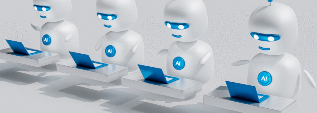 Vier witte robotfiguren met blauwe ogen en "ai" symbolen, die de ai geletterdheid symboliseren, werken aan blauwe laptops, opgesteld aan bureaus op een lichte achtergrond.