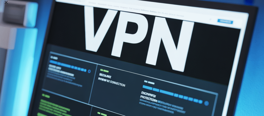 Op een computerscherm wordt een grote "vpn" kop weergegeven, die de informatie over vpn beveiliging en codering duidelijk op het scherm laat zien.