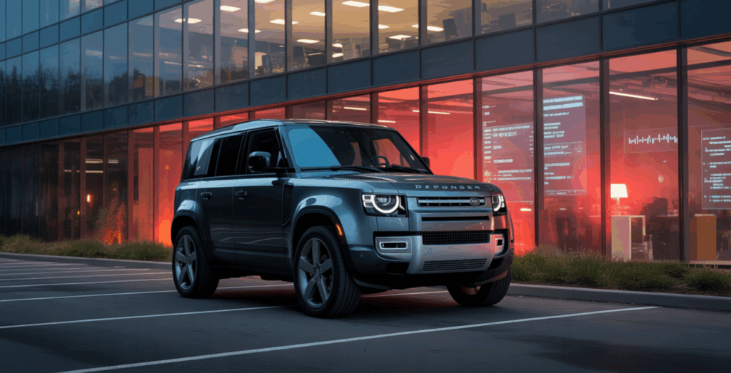 Een donkergrijze Land Rover Defender, onderdeel van de Jaguar Land Rover familie, staat geparkeerd op een leeg terrein voor een glazen gebouw met verlichte kantoren en rood licht binnenin.